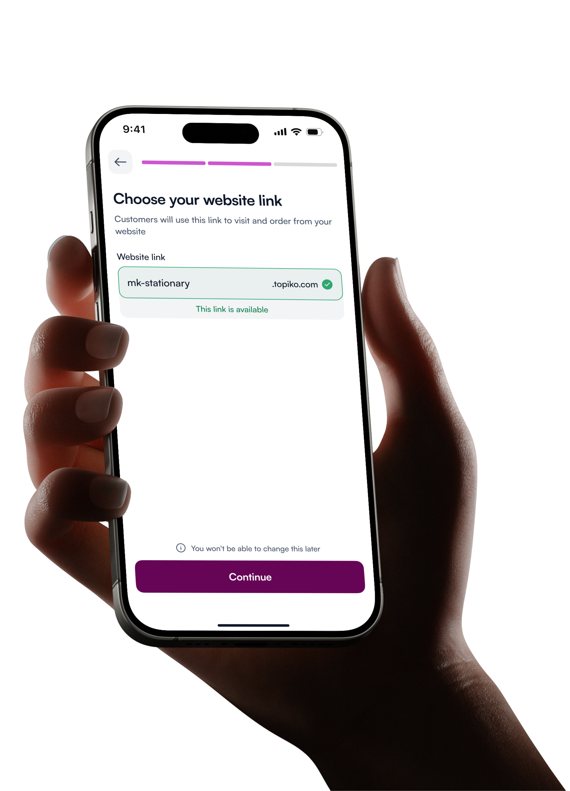 Topiko website link setup screen shown on a phone